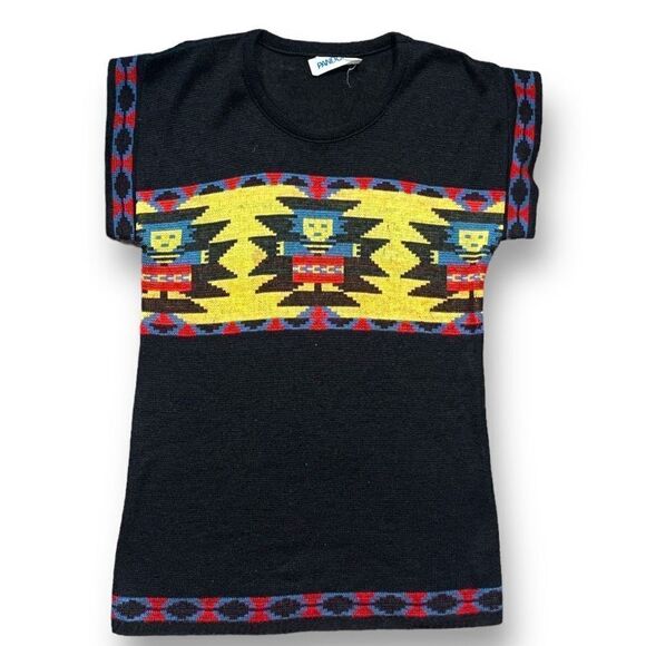 Vintage Pandora Knit Sweater Tee Black Yellow Southwest Aztec Native Printed - Picture 1 of 10